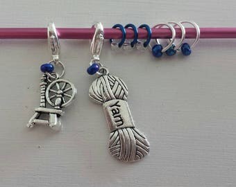 Spinning Wheel/Yarn*Knitting/Crochet Stitch Markers-Set of 8-Progress Keeper-Rings fit to US10/US4*Spinning Theme Knit Markers*Skein Yarn