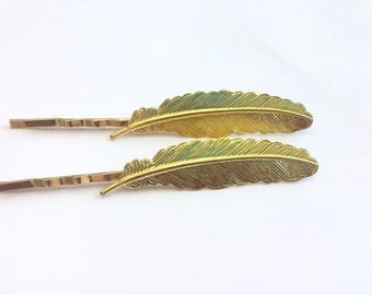 Gold Feather Bobby Pin. Hair Accessory. Bridal Hair. Gift for Her. Festival Hair. Gold Hair Pins.