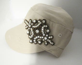 Khaki Short Bill Cadet Military Distressed Army Hat with a Beautiful Crystal Rhinestone Bronze Beaded Appliqué Pony Tail Back Accessories