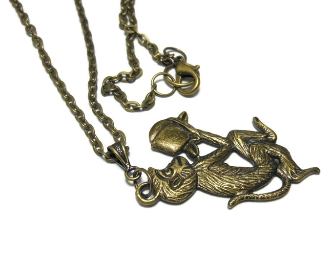 FREE SHIPPING Antiqued brass monkey necklace, bronze link chain, simple fun necklace, year of the monkey