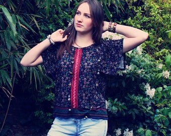 Bohemian Top Blouse XXS - L Split Kimono Sleeves Boho Hippie Women's Upcycled Clothing Recycled Eco Friendly OOAK