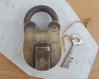 Large Vintage Working Padlock WITH Key, Antique 10 Lever Lock, K. N. Ajani Brass Padlock