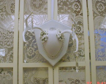 Mounted Deer Antlers Roses Crystals Painted White Shabby Chic Wall Decor OOAK