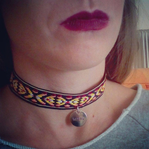 Items similar to Choker necklace, aztec prints, tribal ribbon, ethnic style, karma pendant
