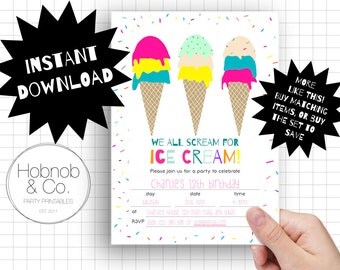 Printable ice cream party invitations INSTANT DOWNLOAD