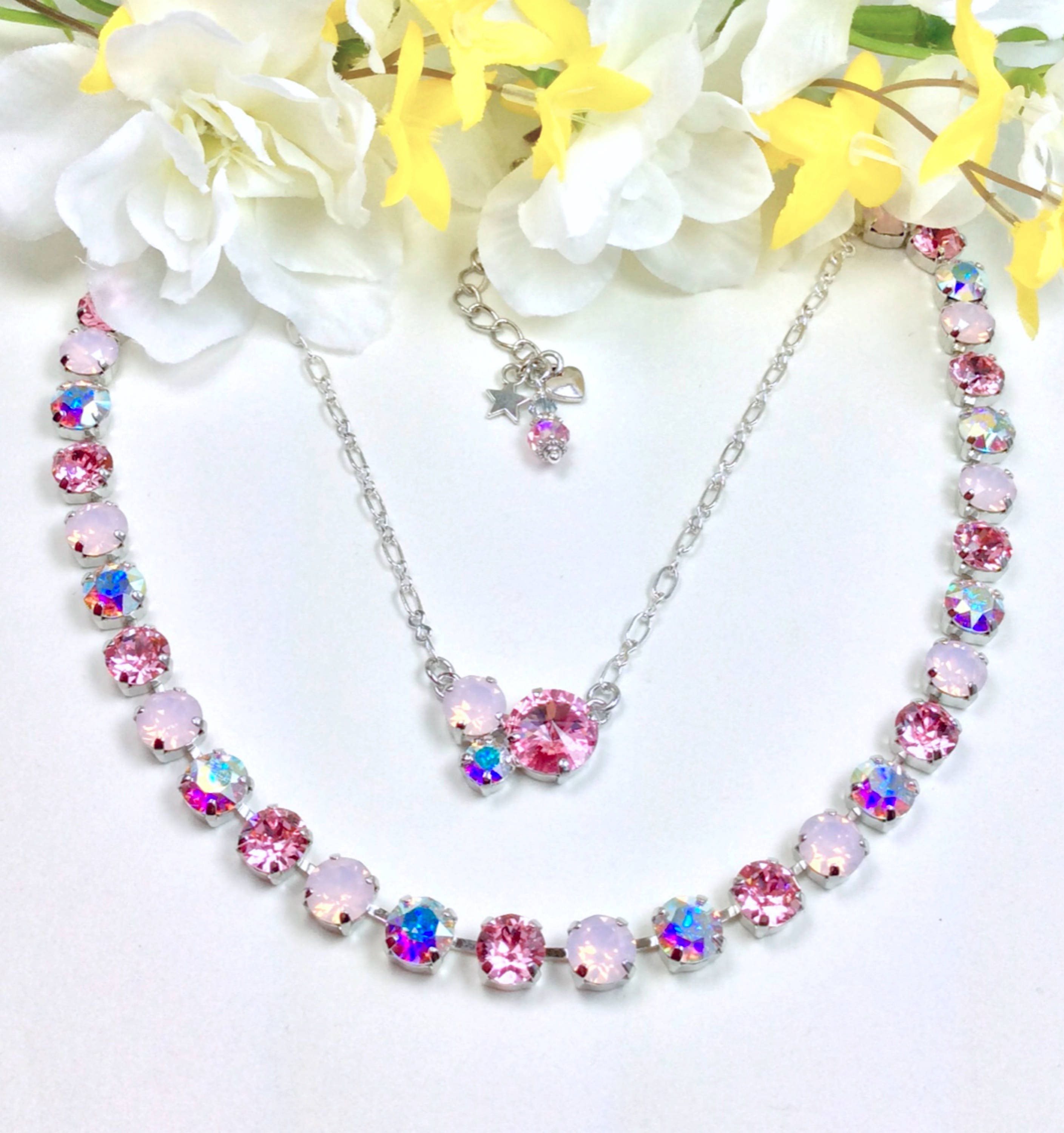 Swarovski Crystal 8.5mm Necklace & Pendant - Designer Inspired  - " Pink Pastels with Aurora Borealis " FREE SHIPPING