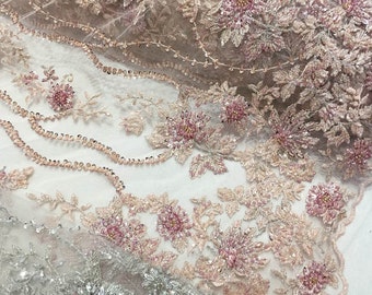 pink bead lace fabric, heavy beading lace fabric, bridal lace fabric with beading embroidery, by the yard