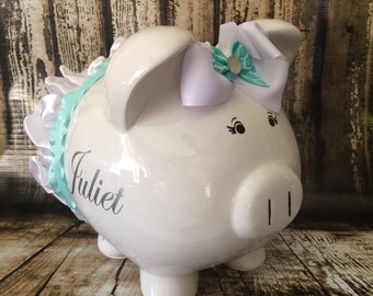 LARGE mint piggy bank, white and mint tutu, custom piggy bank, girl bank, birthday banks, custom piggy banks, baby's first piggy bank