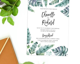 Tropical Green Watercolor Wedding Invitation Watercolour Stationery Calligraphy Summer Wedding Invite Invitations Fern Leaves
