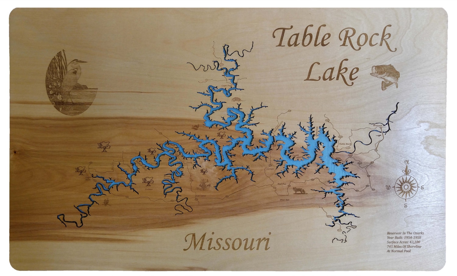 Wood Laser Cut Map of Table Rock Lake MO Topographical