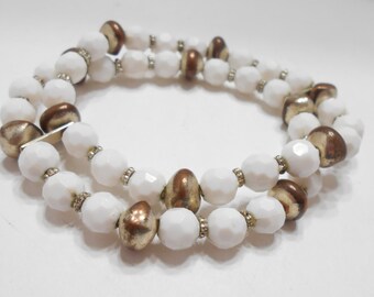 Vintage Double Strand White Plastic Beaded Stretch Bracelet (5548)
