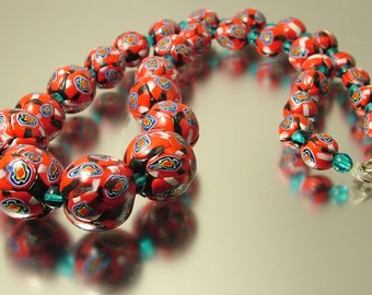 Antique/ estate, Art Deco 1920s/ 1930s rare red millefiori Murano Venetian bead glass costume necklace - jewelry jewellery
