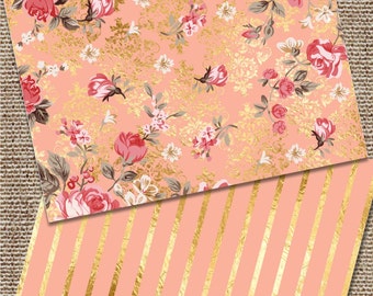 Foil Note Cards, Foil Stationary, Coral and Gold Stationary, Shabby Chic Note Cards, Gold Foil Note Cards, Foil Shabby Chic Note Cards