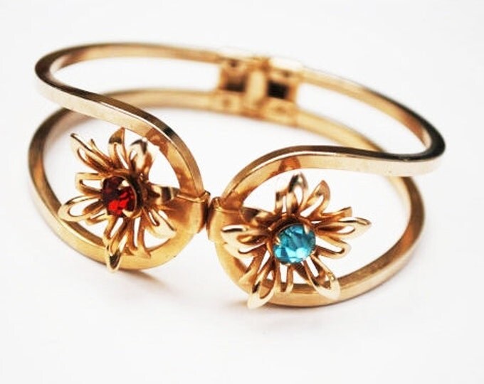 Flower bracelet - gold Hinge Bangle - Red Blue Rhinestone floral - Mid Century