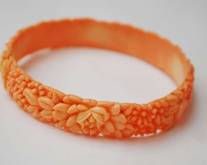 Orange Celluloid Bangle - vintage plastic - Flower Bracelet 1930s