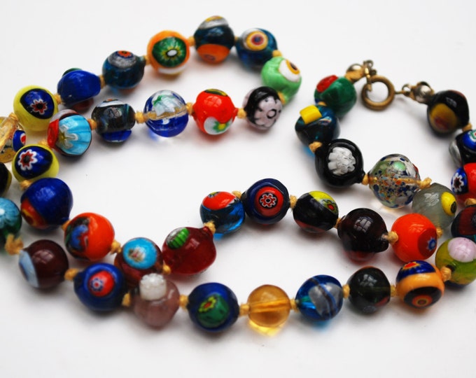 Italian bead necklace - Art glass work Italy beads - Venitian - Millefiori blue red black orange yellow - knotted beads