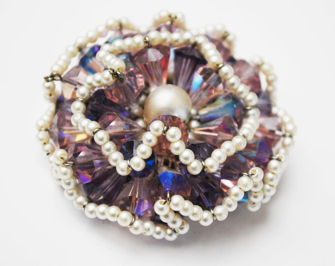 Vendome Brooch - Purple Crystal Rhinestone - faux pearl seed Bead - signed - Floral Atomic - Aurora borealis - Cluster bead pin