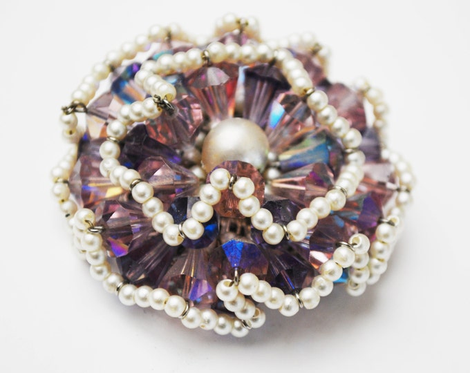 Vendome Brooch - Purple Crystal Rhinestone - faux pearl seed Bead - signed - Floral Atomic - Aurora borealis - Cluster bead pin