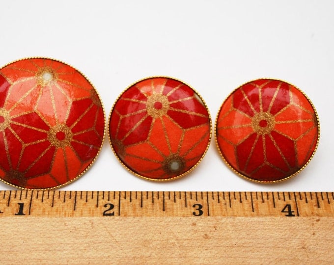 Orange Brooch pendant Earring Set - Red gold - Mod modern - pierced earrings - Geometric Flower Floral - Round - Vintage jewelry