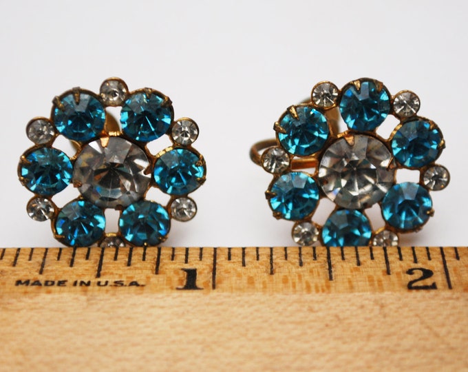 Rhinestone Coro Earrings - Blue Flower - mid century - screw back Earring - Gold plated metal