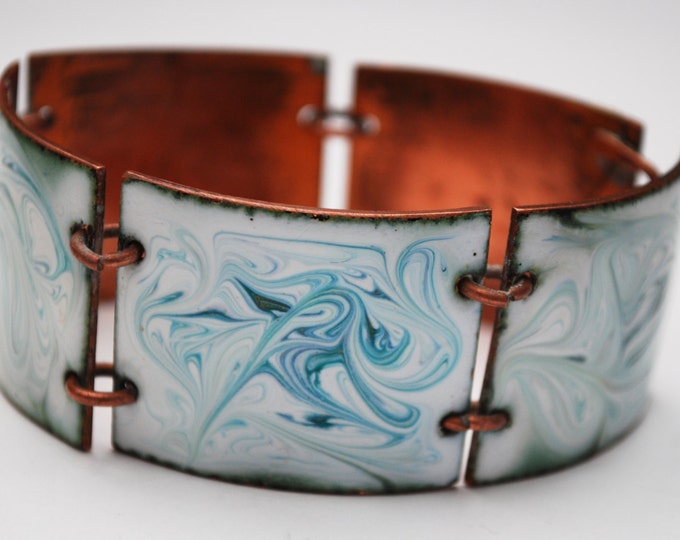 Copper Enamel Panel Bracelet - Blue green white marble enameling - Chunky Boho Link Bangle