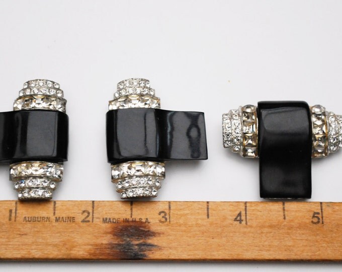 Art Deco Rhinestone Belt Buckle and Dress Clip - Black Lucite - Clear stones