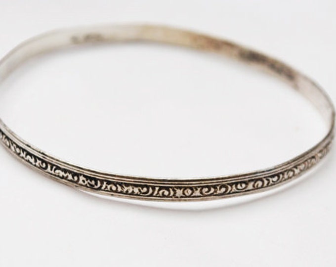 Sterling Bangle - Etched silver scroll design - Large Vintage bracelet - signed Sterling