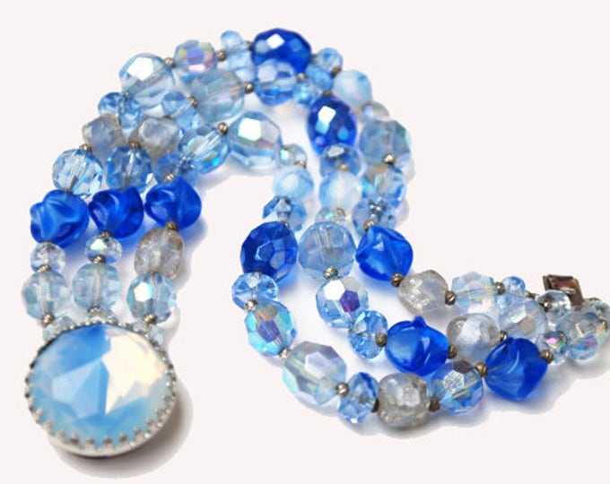 Hattie Carnegie Bracelet - Bead Blue Clear Crystal -Triple strand - Blue Givre Rhinestone Clasp