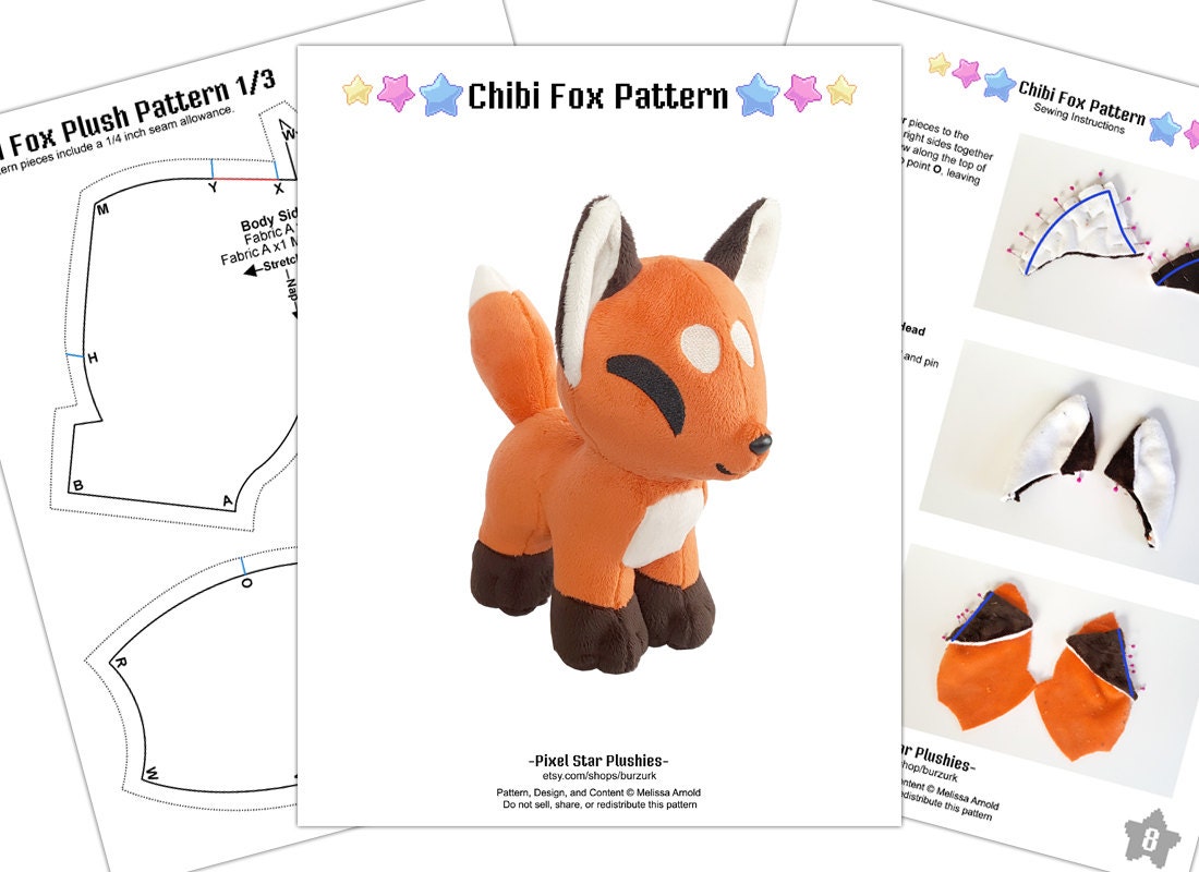PDF Sewing Pattern Cute Chibi Fox Stuffed Animal Plush Toy