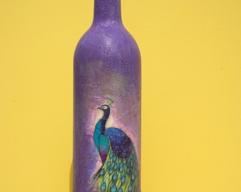 Close out.Peacock Bird.Lovely hand decorated wine glass bottle . Painted, decoupaged. Decor, gift, beautiful handmade.