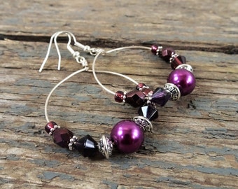 Hoop earrings purple bead, hoop earrings, purple earrings, beaded earrings, beaded hoops, purple hoop earrings, gift for her, boho earrings