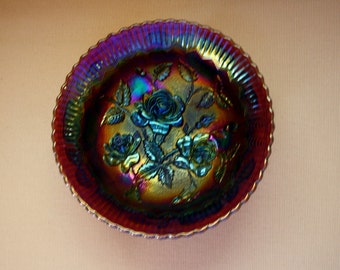 Imperial Carnival Glass / 7 1/2 Inch Footed Shallow Bowl / Large Rose Pattern