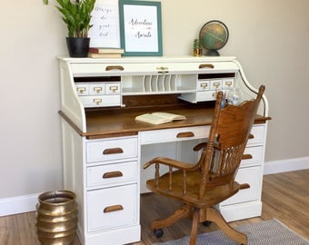 Vintage Roll Top Desk - Solid Wood Desk - Country Cottage Furniture - Distressed Desk - Home Desk - White Wood Desk - Large Desk