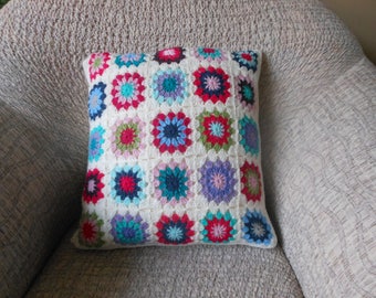 Crochet Pillow, Granny Square Cover Pillow, Decorative Pillow, Handmade Home Decor 18x18