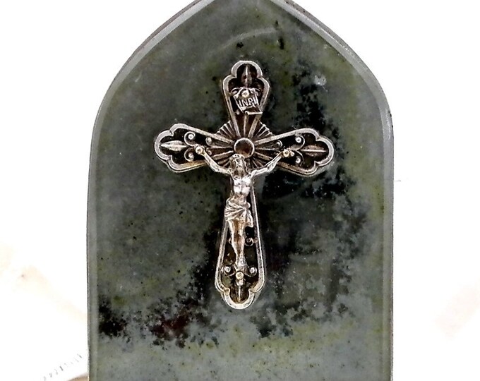 Vintage French Mid Century Polished Steel and Perspex Jesus on the Cross Statuary, Catholic Christian Religious Altar Shine Decor Crucifix