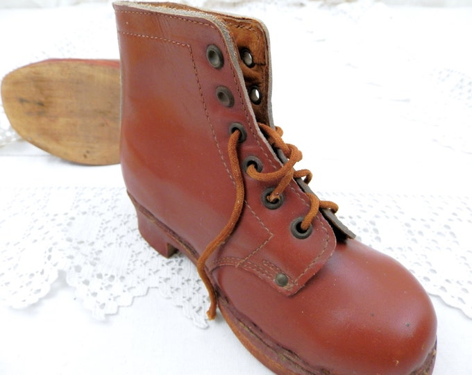 Antique French Traditional Unused Child's Leather and Wooden Shoes "Galoche", French Country Decor, Kitchen, Shabby, Cottage, Chic, Clogs