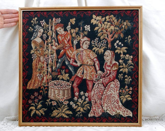 Vintage French Framed Medieval Style Reproduction Tapestry "Les Vendanges", Grape Harvest, Wall Hanging, Medieval Decor, Castle, France,