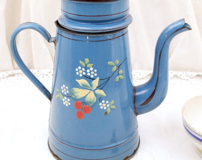 Rare Antique Hand Painted Blue Gooseneck Kettle Flower Pattern Chippy Enamelware Coffee Pot, Cafetière, French Country Decor, Cottage France