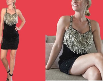 Gold Fringe Dress/ Black and Gold Sequin Dress/ Black Beaded Dress/ LBD/ Gold Beaded Dress/ New Years Eve Dress/Vintage Sequin Dress/Flapper