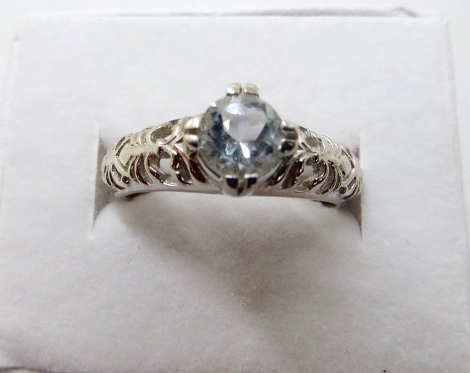 Art Deco Aquamarine Ring, Sterling Silver Filigree, Wedding Solitaire, .5ct. Ring Size 7.75