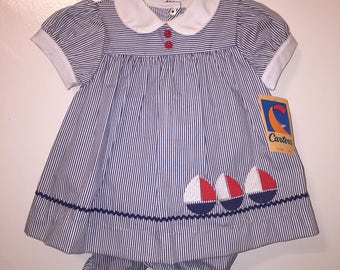 VTG Carter's Baby Girl Summer Dress Striped Sail Boats Sz 12M New Old Stock