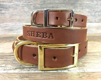Personalized Brown Leather Dog Collar with FREE Name, Pick Your Font