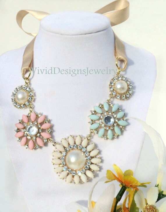 Seafoam Green PInk & Cream Rhinestone Flower Multi color