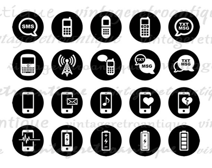 Printable Cell Phone Icon Circles Collage Sheet Digital Image Mobile Phone Download Graphic Antique Clip Art Jpg Png HQ 300dpi No.4442