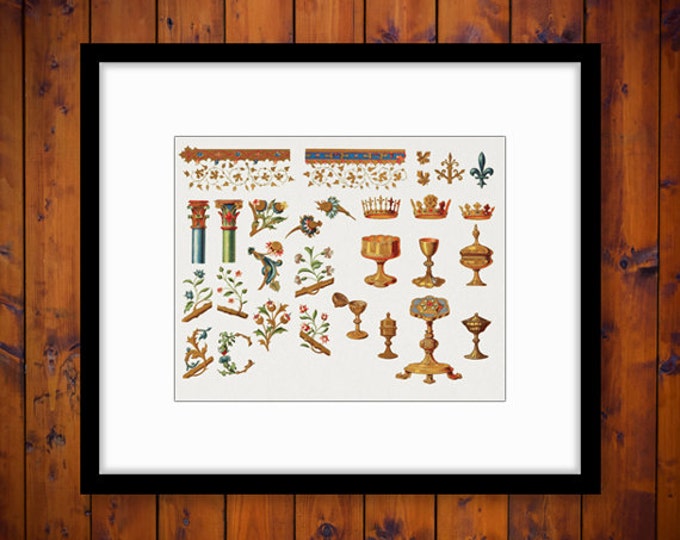 Printable Image Royal Collage Sheet Digital Crown Goblet Chalice Graphic Gold Treasure Download Antique Clip Art HQ 300dpi No.211