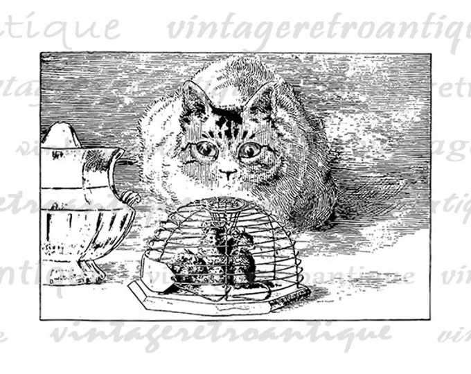 Printable Digital Cat Watching Mice Graphic Illustration Image Download Vintage Clip Art Jpg Png Eps HQ 300dpi No.3284