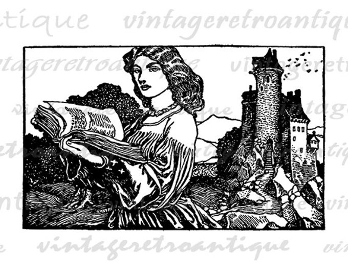 Medieval Lady with Book and Castle Graphic Digital Image Download Printable Vintage Clip Art Jpg Png Eps HQ 300dpi No.2836