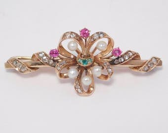 Victorian Rose Cut Diamonds & Rubies Emeralds And Pearl Brooch In Rose Gold