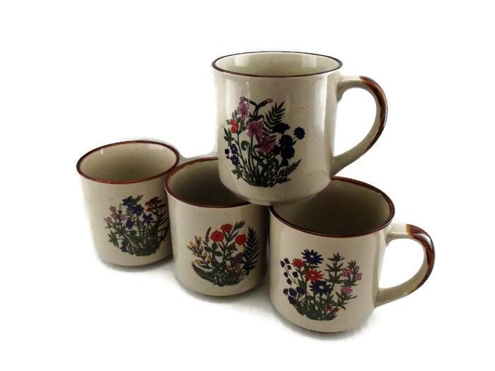 Vintage Hand Painted Stoneware Floral Coffee Mugs/ Set of Four