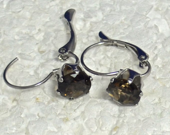 Smoky Quartz Leverback Earrings, 8mm Round, Natural, Set in Stainless Steel E1046